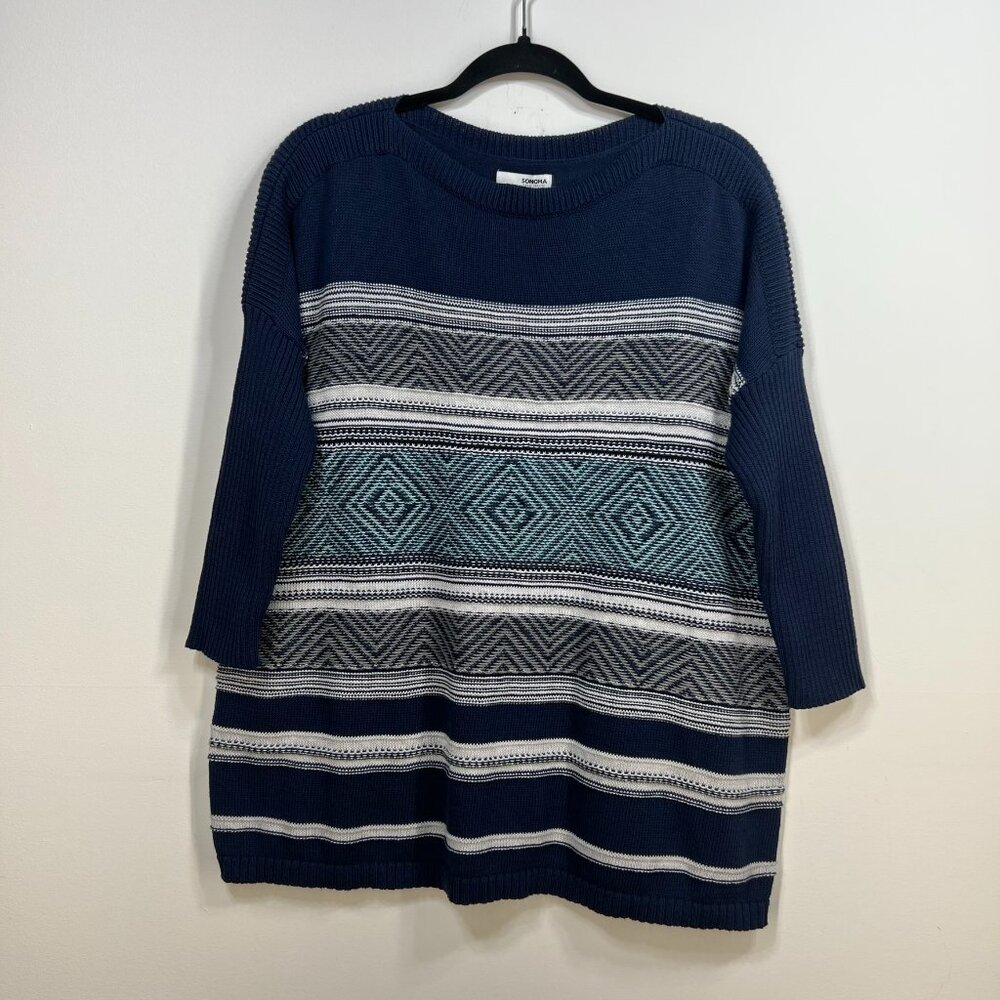 Sonoma Oversized Blue Aztec Poncho Sweater 3/4 Sleeve, NWT Size S